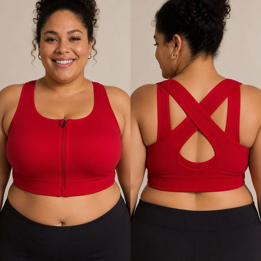 Avia Red Zip Up Sports Bra Sz XXXL Padded Racerback Textured Form Fitting